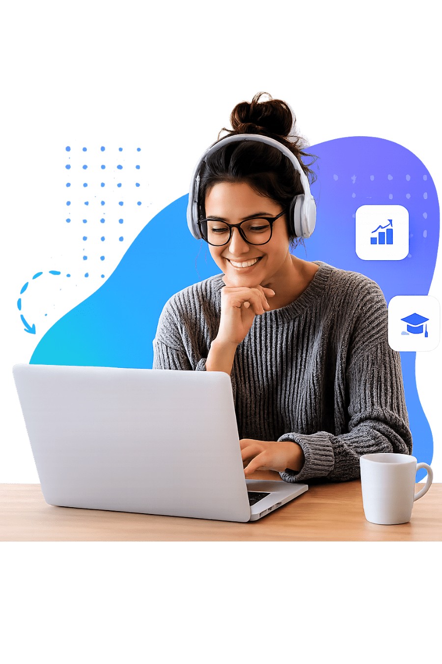 Alumna estudiando online con portátil y auriculares