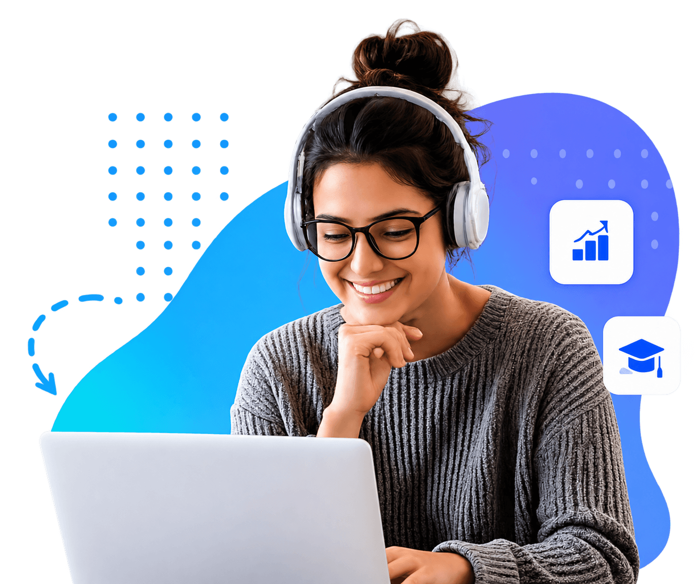 Alumna estudiando online con portátil y auriculares
